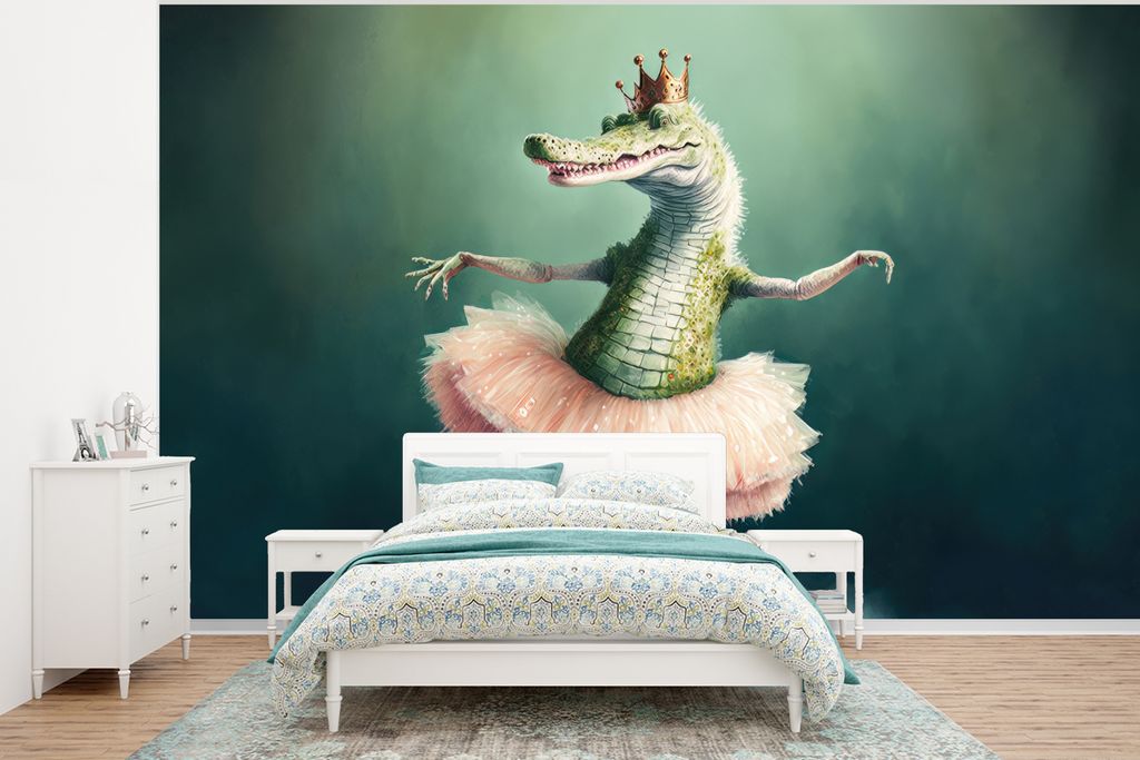 MuchoWow Fototapete für Wohnzimmer oder Schlafzimmer Wandtapete Vinyl Motivtapete Krokodil - Krone - Gold - Ballett - Porträt - Kinder - 400x30...