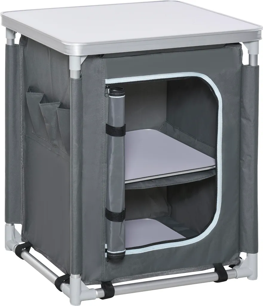 Meuble de camping pliable gris avec double étagère de rangement