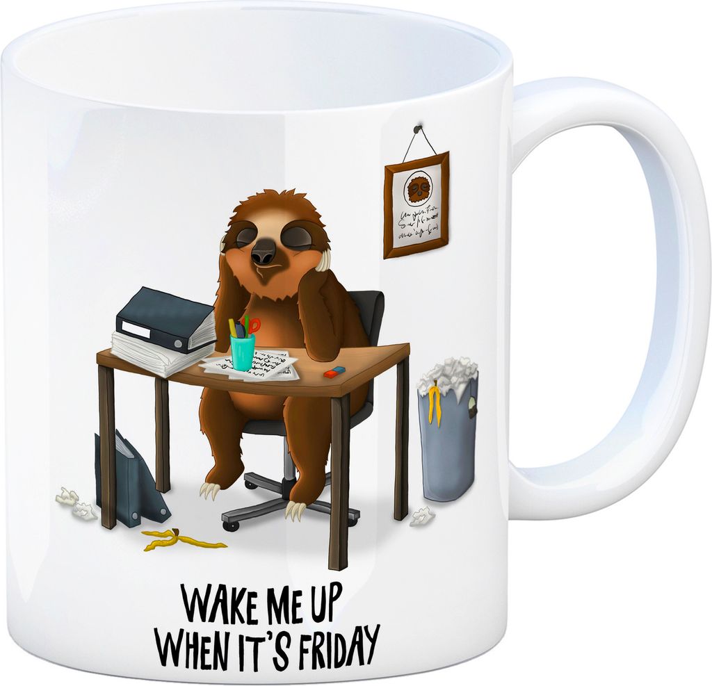 Kaffeebecher mit Faultier Motiv und Spruch: Wake me up when it's Friday Becher