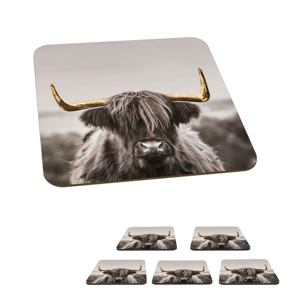 KitchenYeah Glasuntersetzer Quadratisch 6er Set Schottisches Hochlandrind - Gold - Hoorn 10x10 cm Untersetzer für Gläser - Getränkeuntersetzer...