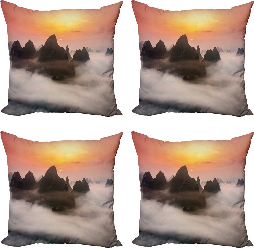 ABAKUHAUS Berg Kissenbezug Set (4 Stück), Nebel Wolken Berg, Moderner Doppelseitiger Digitaldruck, 50 cm x 50 cm, Orange Braun
