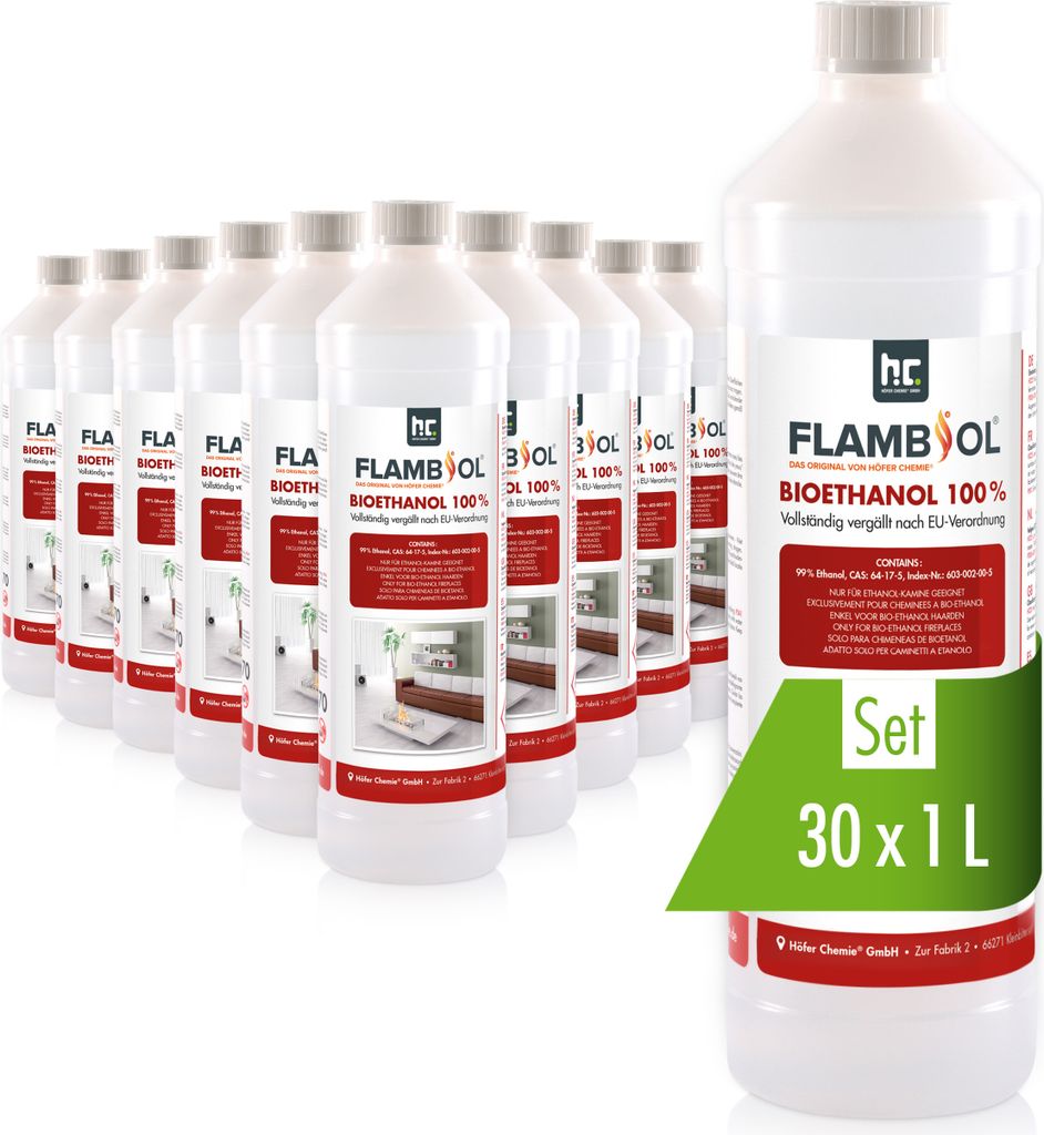 A group of bioethanol bottles arranged in a display, with one bottle prominently in the foreground.