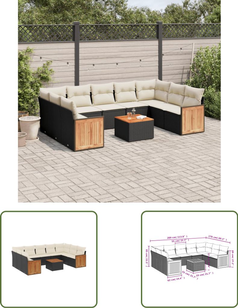 The Living Store 10-tlg. Garten-Sofagarnitur mit Kissen Schwarz Poly Rattan