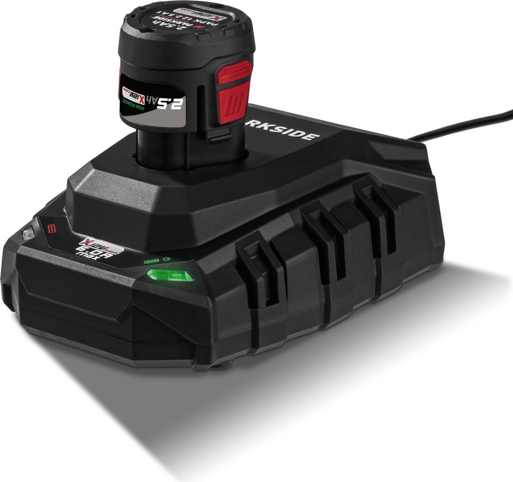 A black battery charger with a battery inserted, shown from a slightly elevated angle.