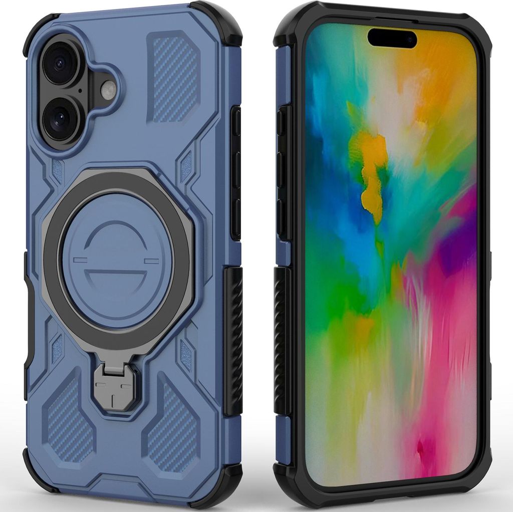 Robuste Handyhülle für iPhone 16 mit Ringhalter Ständer Stoßfest, Magnetisch, Dual-Layer Schutz Blau