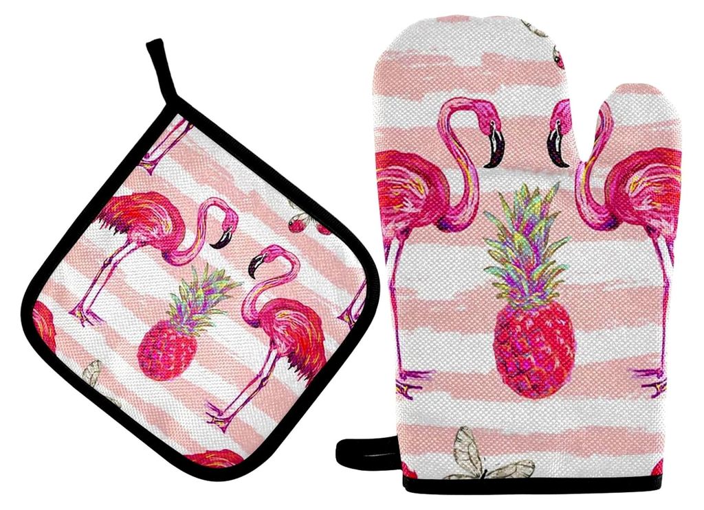 Ofenhandschuhe und Topflappen-Set Flaming Ananas Pink