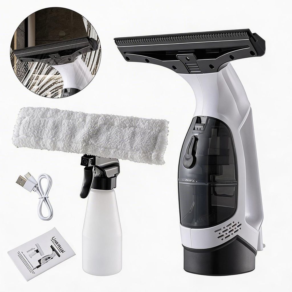 Fenstersauger Akku elektrisch 2000Pa – Handheld Fensterreiniger mit Sprühflasche | Für Fenster Spiegel Fliesen