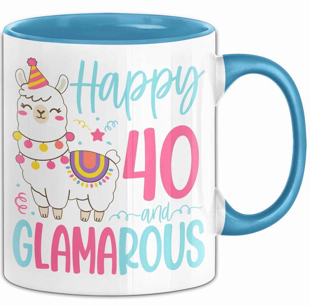 40er Geburtstag Tasse Geschenk Happy 40 And Glamarous Llama Alpaka Liebhaber Geschenkidee zum Geburtstag (Blau)