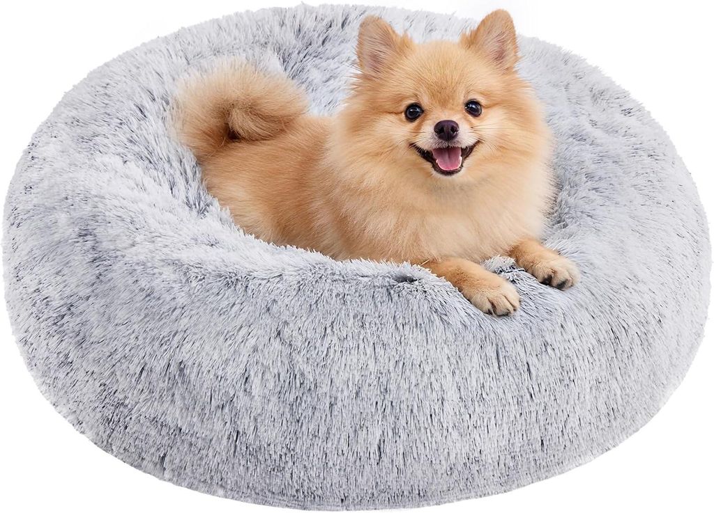 Hundebett, Hundebett flauschig, Katzenbett, waschbar, Beruhigendes Hunde- und Katzenbett in Donutform, 60CM, Hellgrau