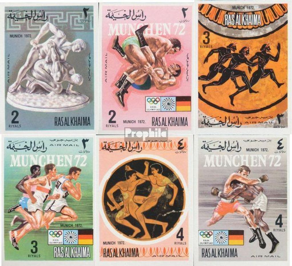 Briefmarken Ras al Chaima 1972 Mi 788B-793B (kompl.Ausg.) ungezähnt postfrisch Sport der Antike und der Neuzeit