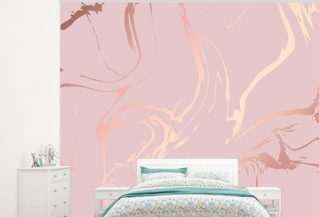 MuchoWow Fototapete für Wohnzimmer oder Schlafzimmer Wandtapete Vinyl Motivtapete Marmor - Roségold - Linie - 300x240 cm - Fototapeten