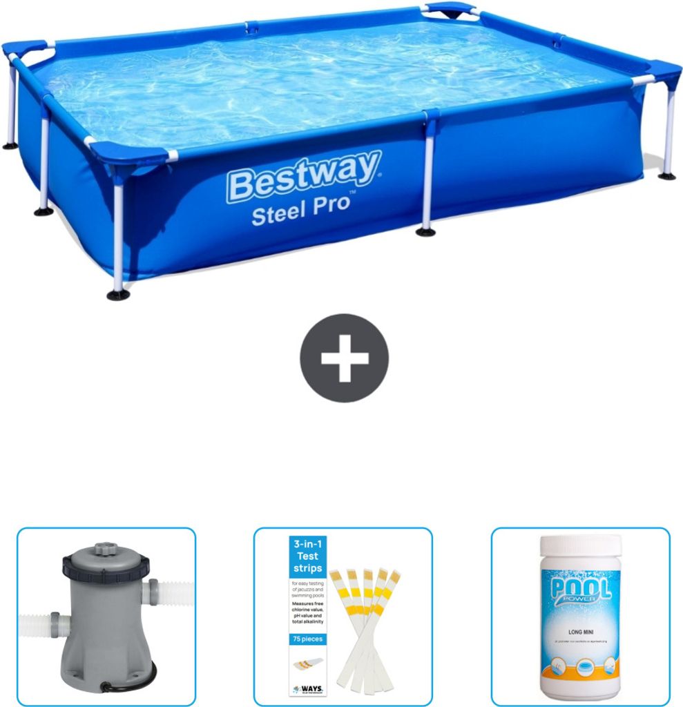 Bestway rechteckiger Steel Pro-Schwimmbecken – 221 x 150 x 43 cm – Blau – im Lieferumfang enthalten Pumpe - Teststreifen - Chlor