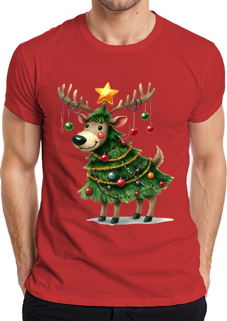 Weihnachtsrentier Weihnachtsbaum Stern Kugeln lustig Geschenk Herren T-Shirt, Rot, M