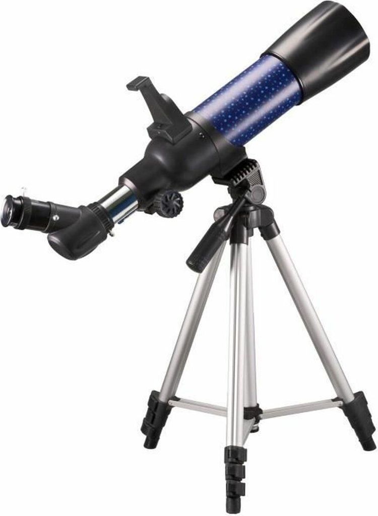 A telescope on a tripod against a white background.