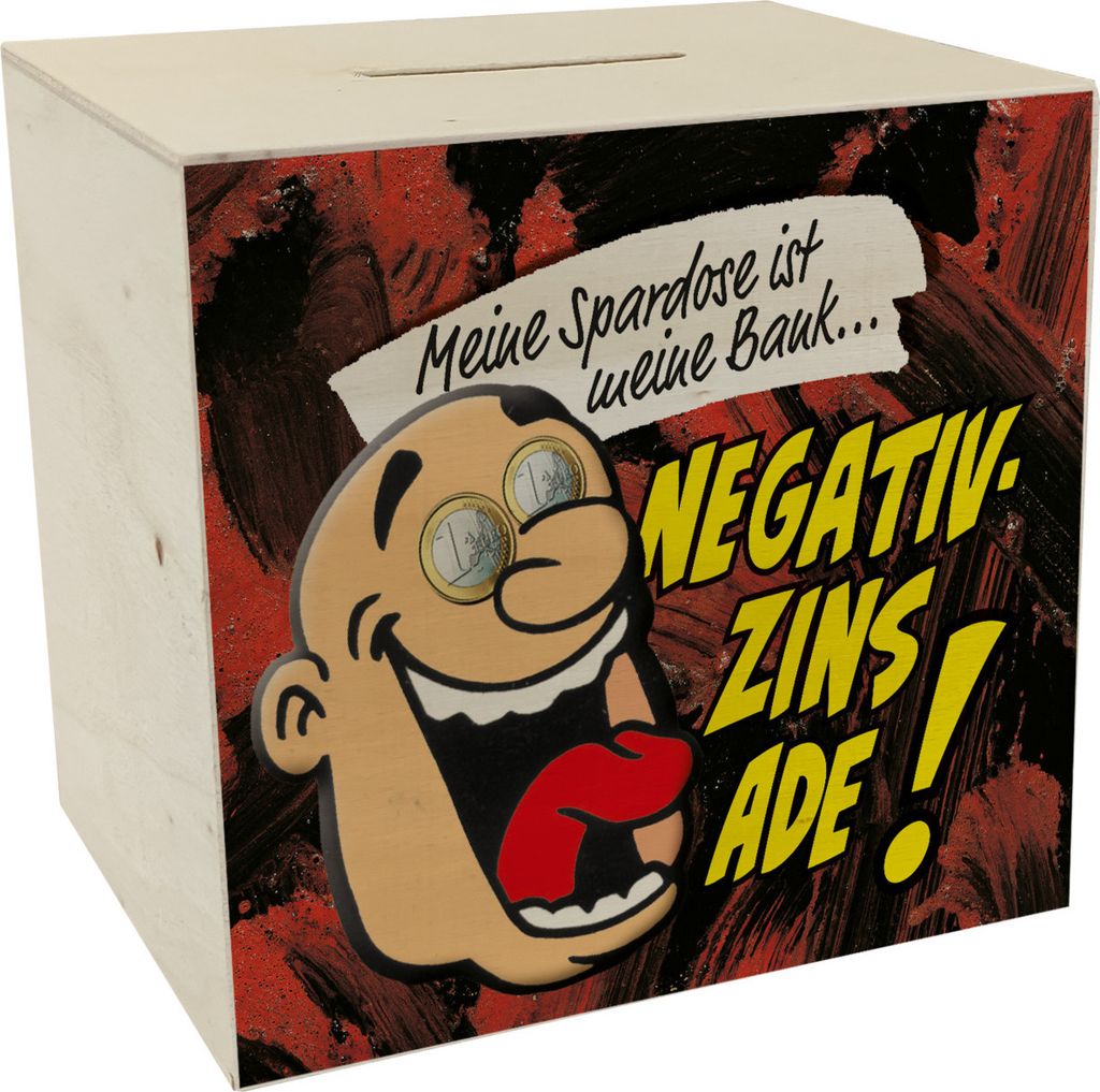 Spardose aus Holz in rot zum Thema Negativzins mit Comic-Motiv