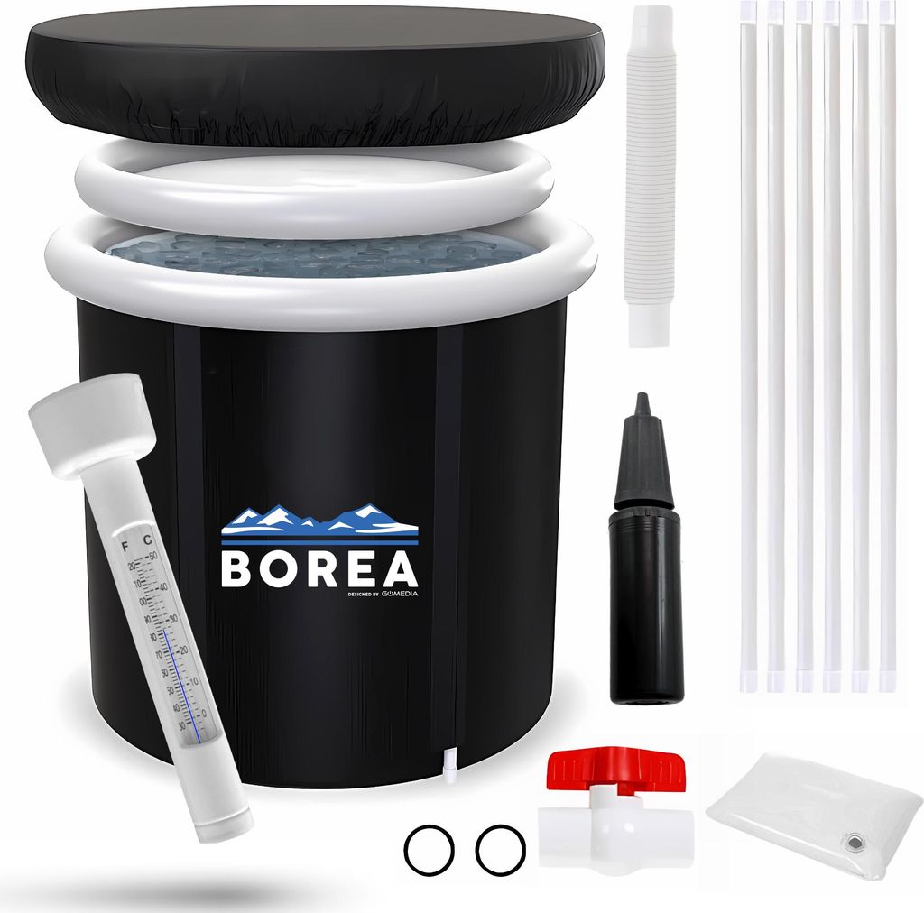 A collection of items for an inflatable hot tub, including the tub itself, a cover, a thermometer, a pump, and support poles.