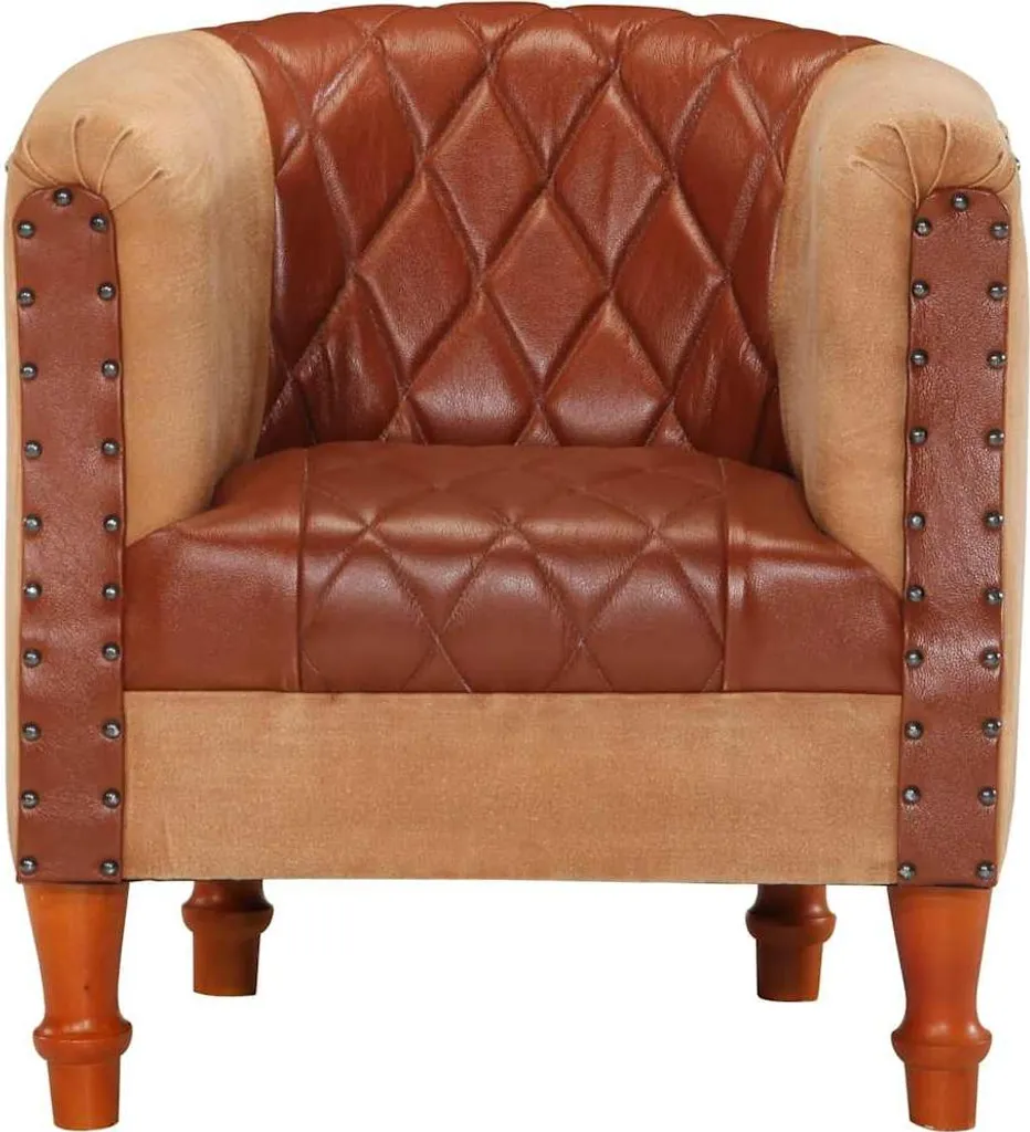 Fauteuil en Cuir Véritable Marron avec Pieds en Bois de Manguier Noir