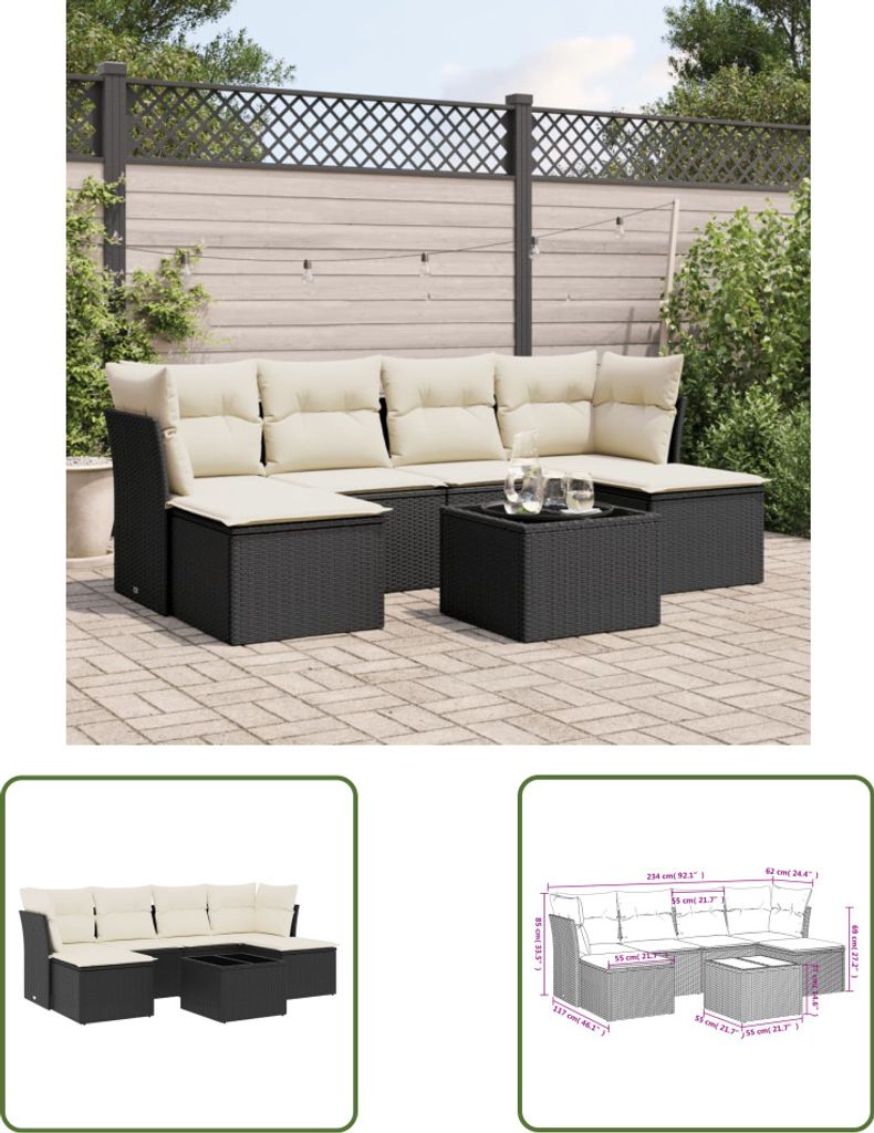 The Living Store 7-tlg. Garten-Sofagarnitur mit Kissen Schwarz Poly Rattan