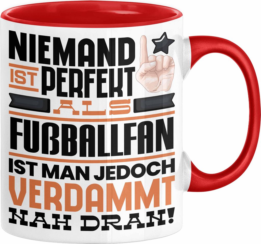 Fußballfan Geschenk Tasse Lustige Geschenkidee für Fußballfan Geburtstag Kaffee-Becher Niemand Ist Perfekt Aber Als Fußballfan Ist Man Nah Dran...