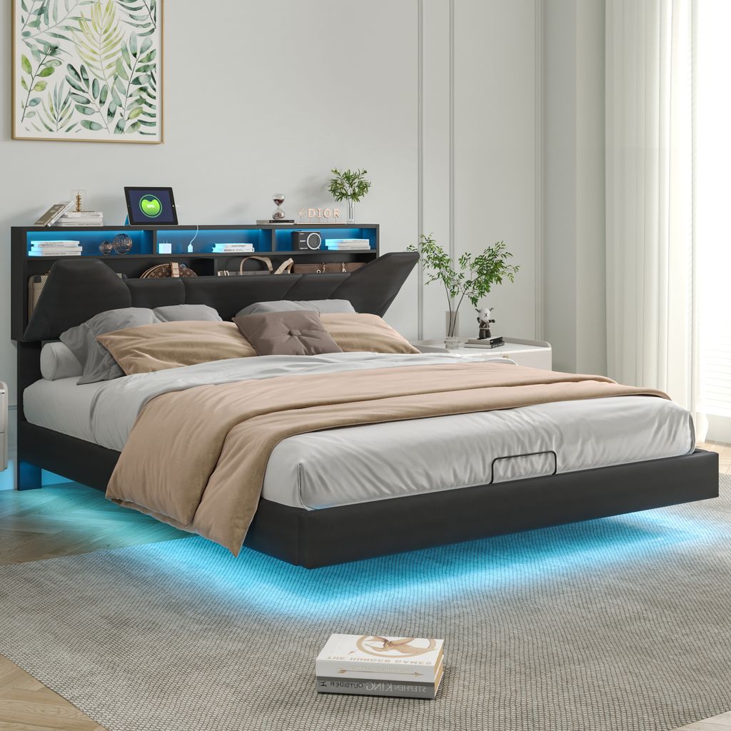 Gepolstertes Doppelbett 140 x 200 cm – mit USB-Anschluss und LED-Beleuchtung – Bettgestell mit Kopfteil und Staufach, aus Polyurethan– Grau