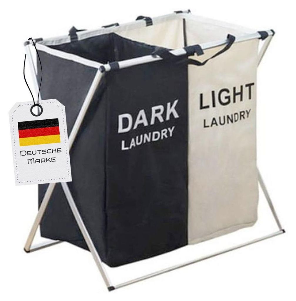 A two-compartment laundry basket with a tag indicating it is a German brand.