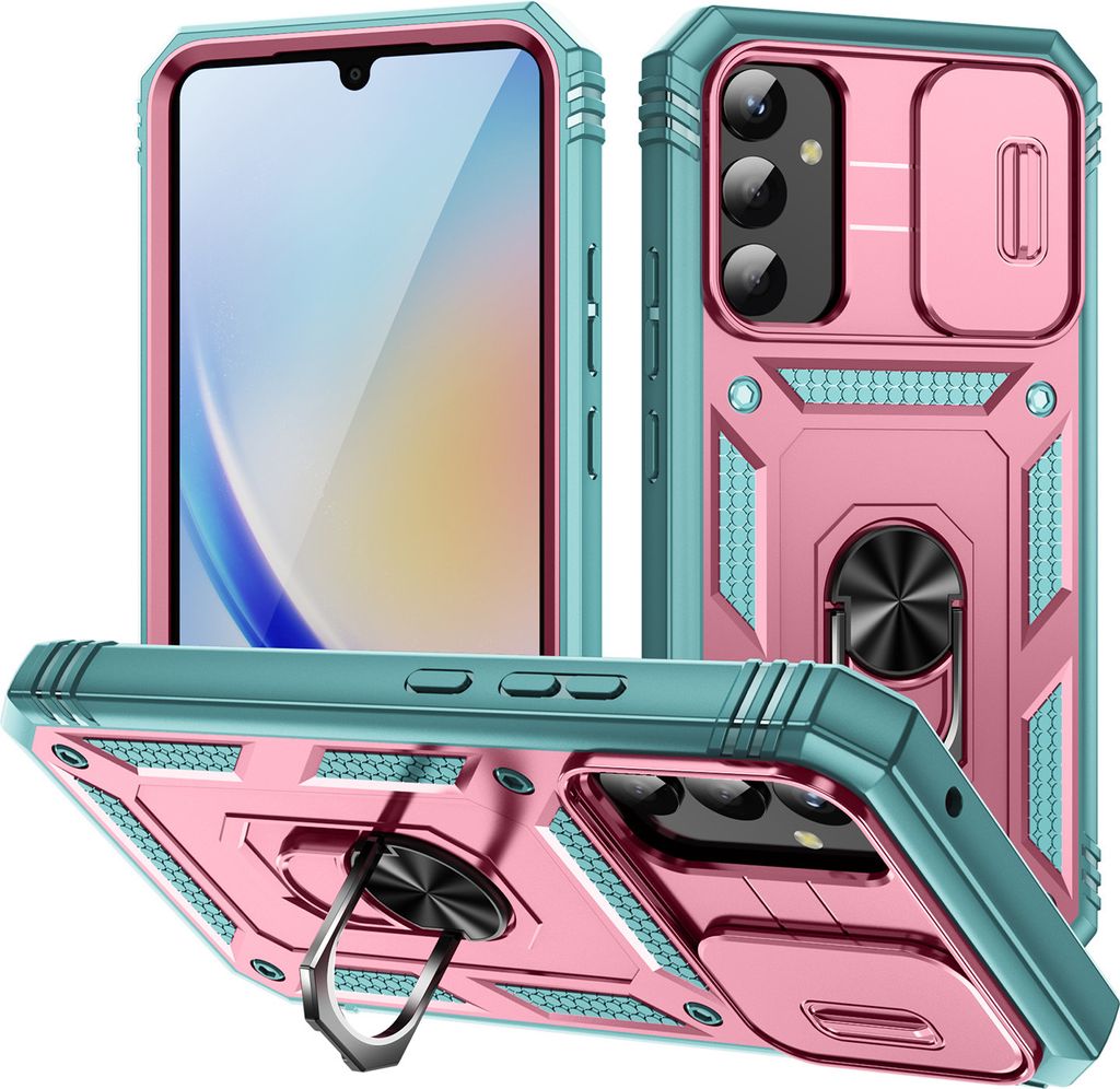 Galaxy A34 Hülle, Schiebe Kamera Schutz Stoßfest Schutzhülle mit Ringhalterung Ständer für Samsung Galaxy A34 Pink