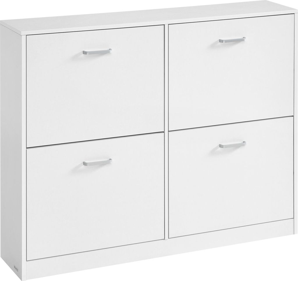 A white shoe cabinet with four flip-down drawers and silver handles.
