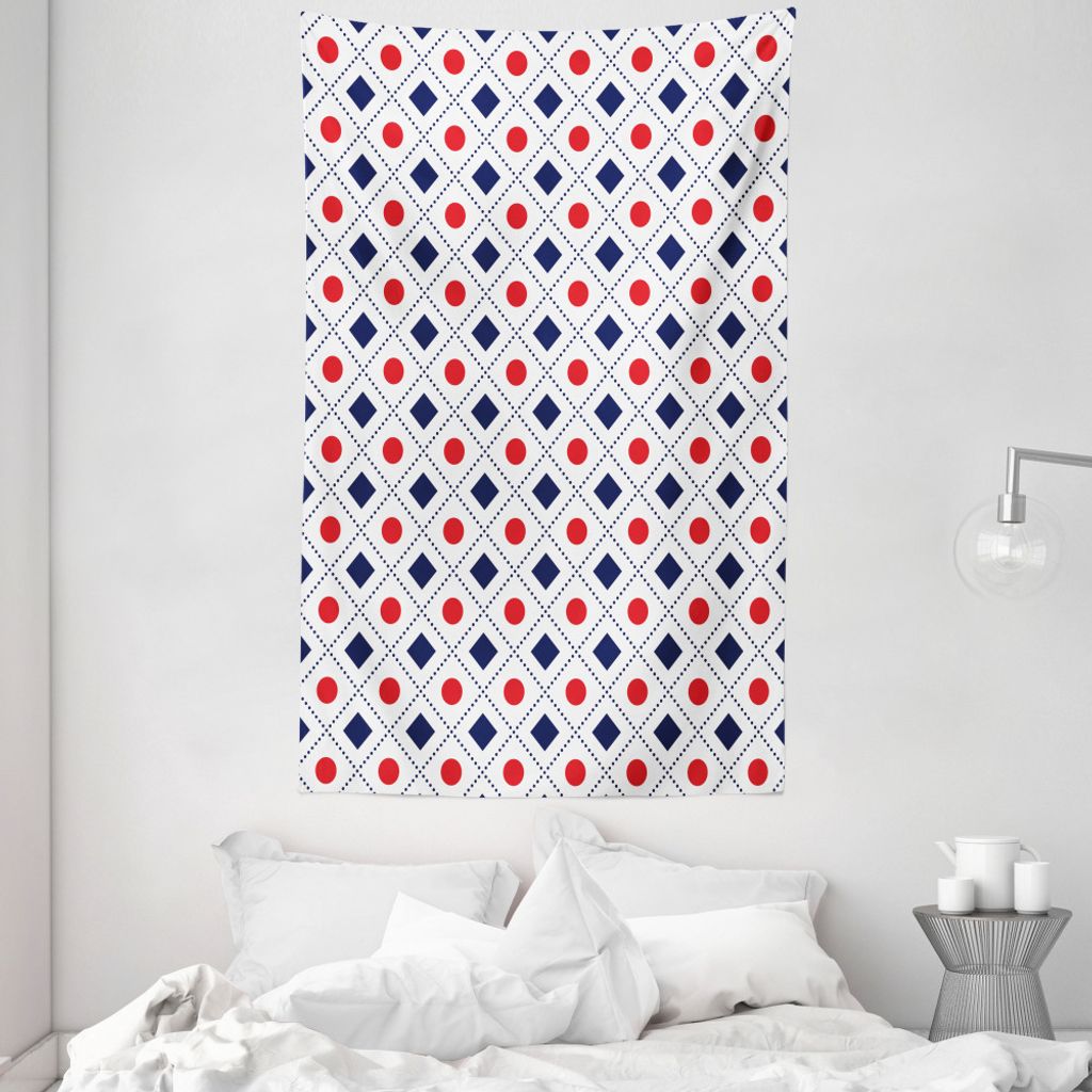 ABAKUHAUS Navy und Rot Wandteppich und Tagesdecke, Kreise Squares aus Weiches Mikrofaser Stoff Waschbar ohne Verblassen Digitaldruck, 140 x 230 cm,...