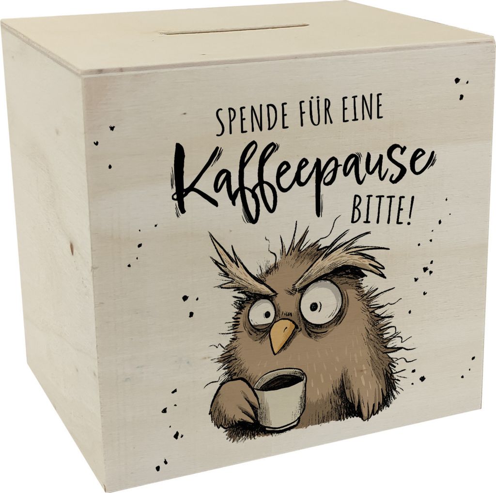Eule Spardose aus Holz mit Spruch Spende für eine Kaffeepause