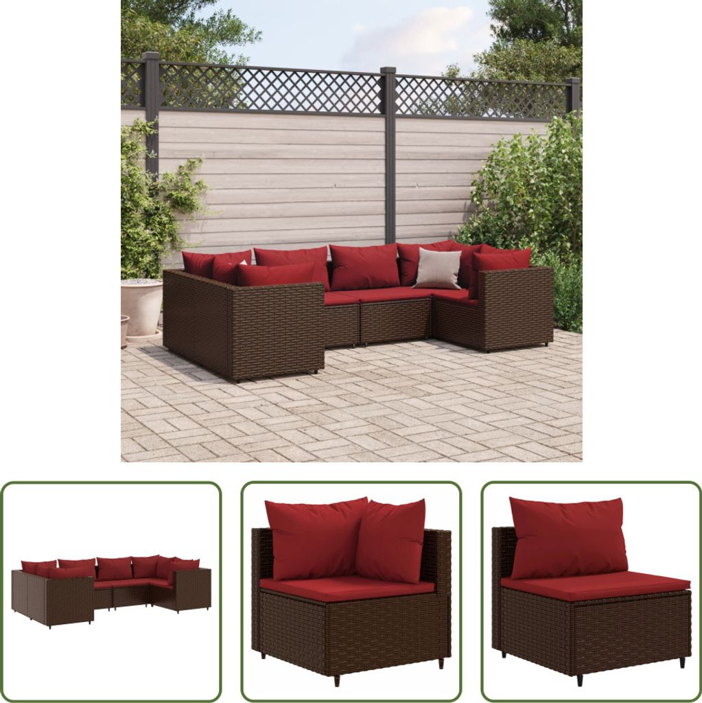 The Living Store 6-tlg. Garten-Lounge-Set mit Kissen Braun Poly Rattan