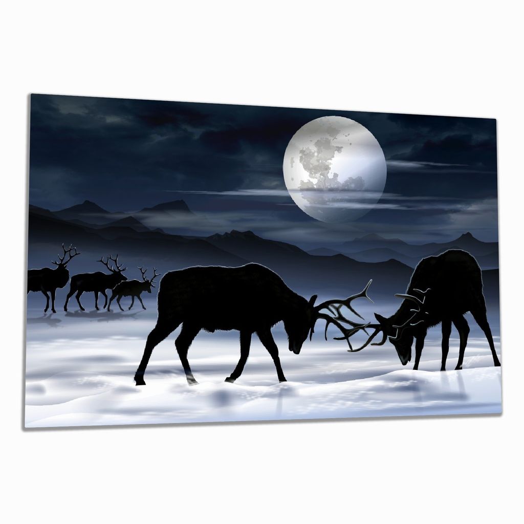 Wallario Herdabdeckplatte aus Glas, Größe 80 x 52 cm 1-teilig, Motiv Elch im Schnee bei Mondschein - Silhouette am Abend
