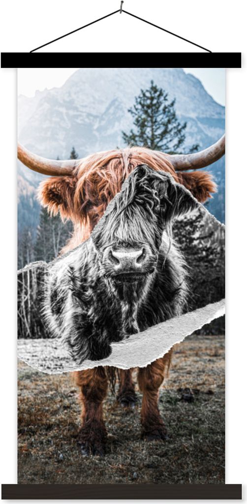 MuchoWow Textilposter Schottisches Hochlandrind - Kuh - Tiere 40x80 cm mit schwarzem Rahmen - Wandemalerei