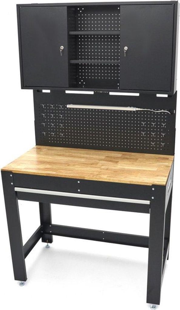 115 cm lange Werkbank mit Holzwerkblatt, hinterer Wand mit Produktbild 