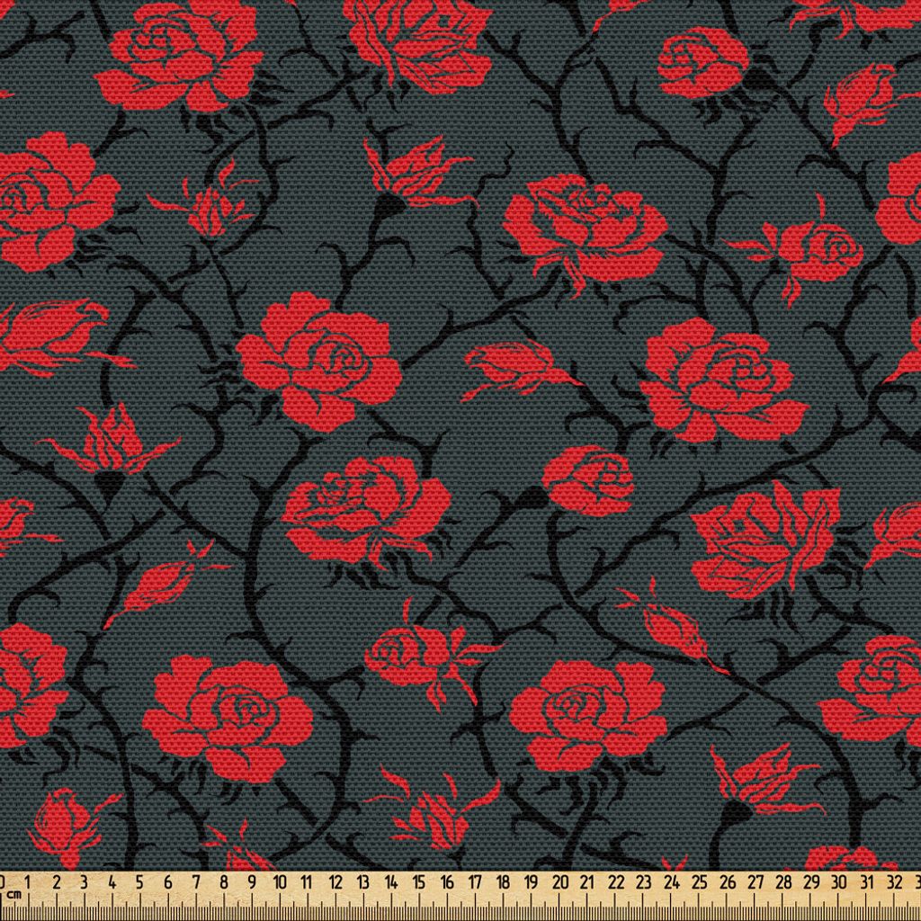 ABAKUHAUS Rot und Schwarz Gewebe als Meterware, Romantische Vintage Rosen-Illustration altmodische viktorianische Kunst, 3 M (148 x 300 cm), Koksgr...