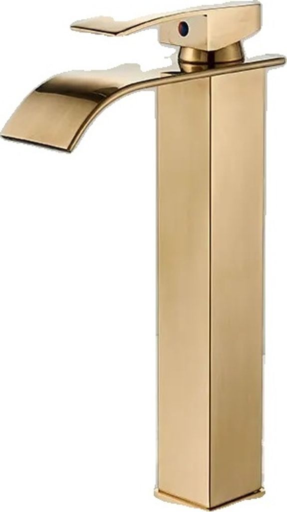 A close-up studio shot of a single gold-colored waterfall bathroom faucet against a white background.