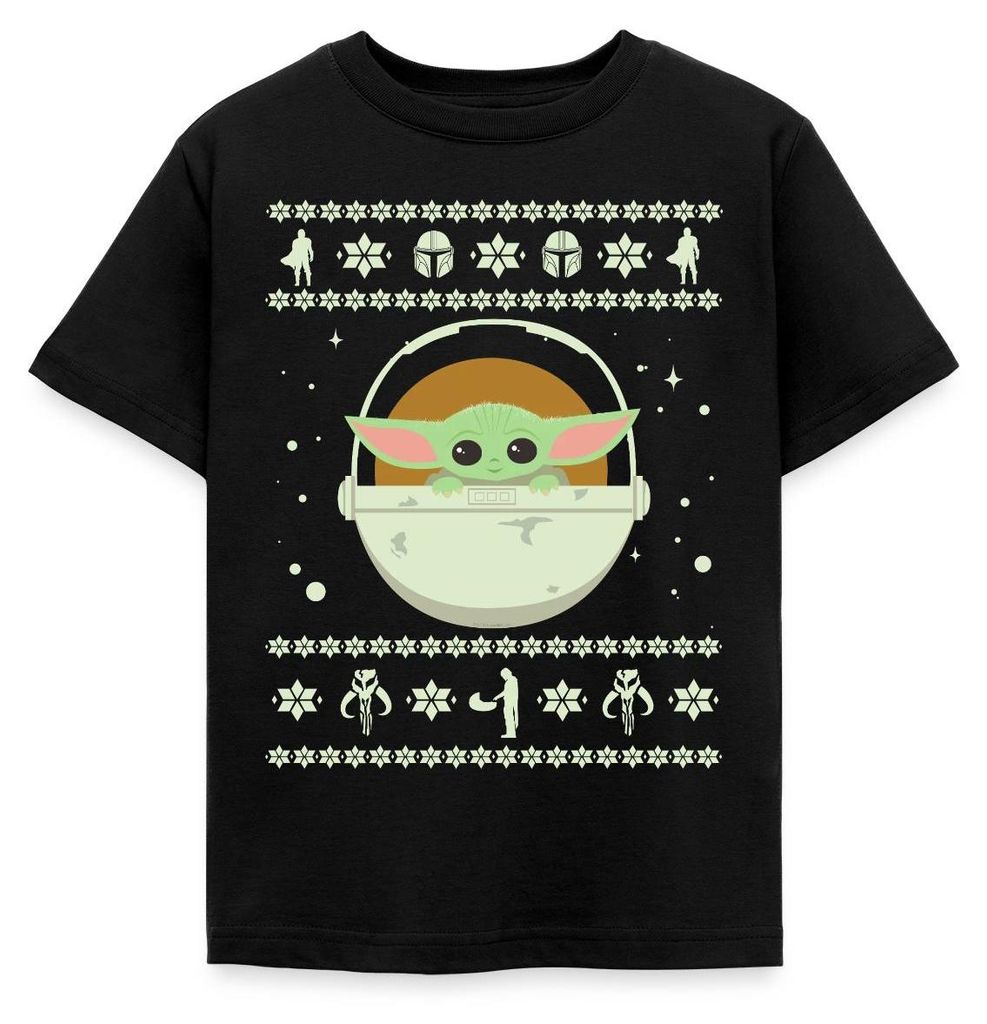 Star Wars: Mandalorian Baby Yoda Weihnachten Kinder T-Shirt, 122/128 (7-8 Jahre), Schwarz