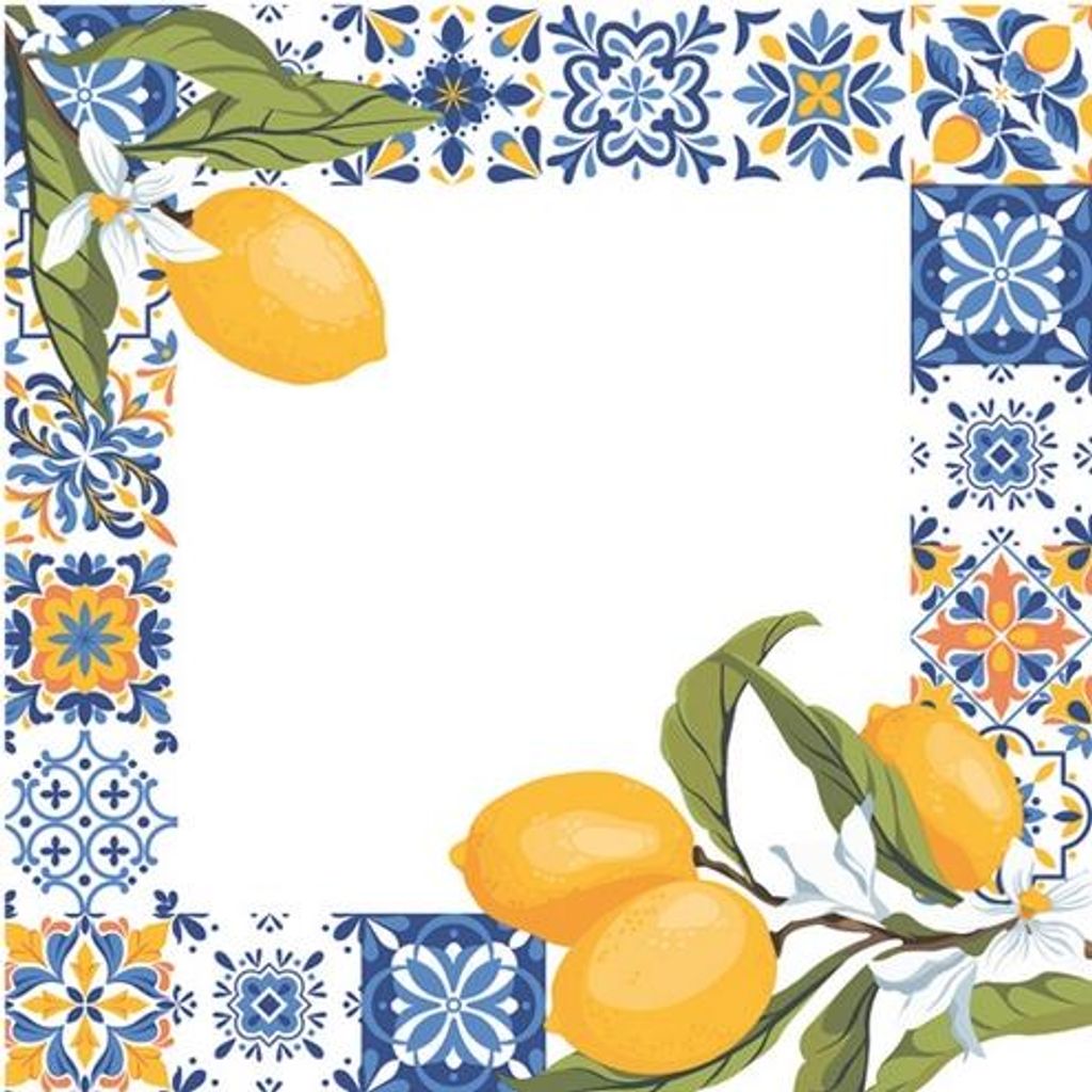 20 Servietten Frame with Tiles and Lemon - Gelbe Zitronen an Fliesenmuster 33x33cm