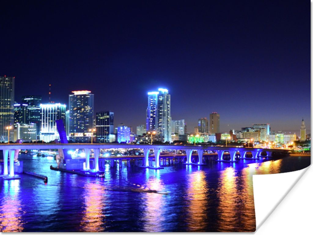 MuchoWow Poster Wasser - Licht - Nacht - Skyline 160x120 cm - Foto Plakat