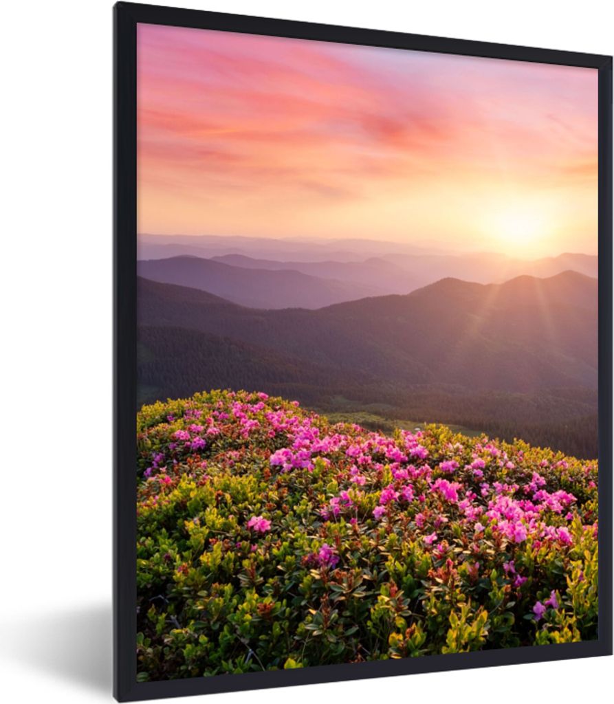 MuchoWow Gerahmtes Poster Blumen - Berg - Sonnenuntergang - Landschaft 30x40 cm - Poster mit Schwarzem Bilderrahmen Wandposter Rahmen Foto Bilder...