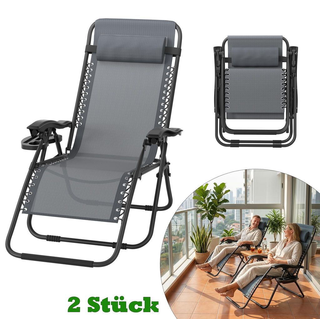 LARS360 2 Stück Hellgrau Klappbarer Liegestuhl, Strandstuhl, Relaxliege für Outdoor, max. 120kg, mit Kissen, Faltbar für Camping, Garten und Poo...