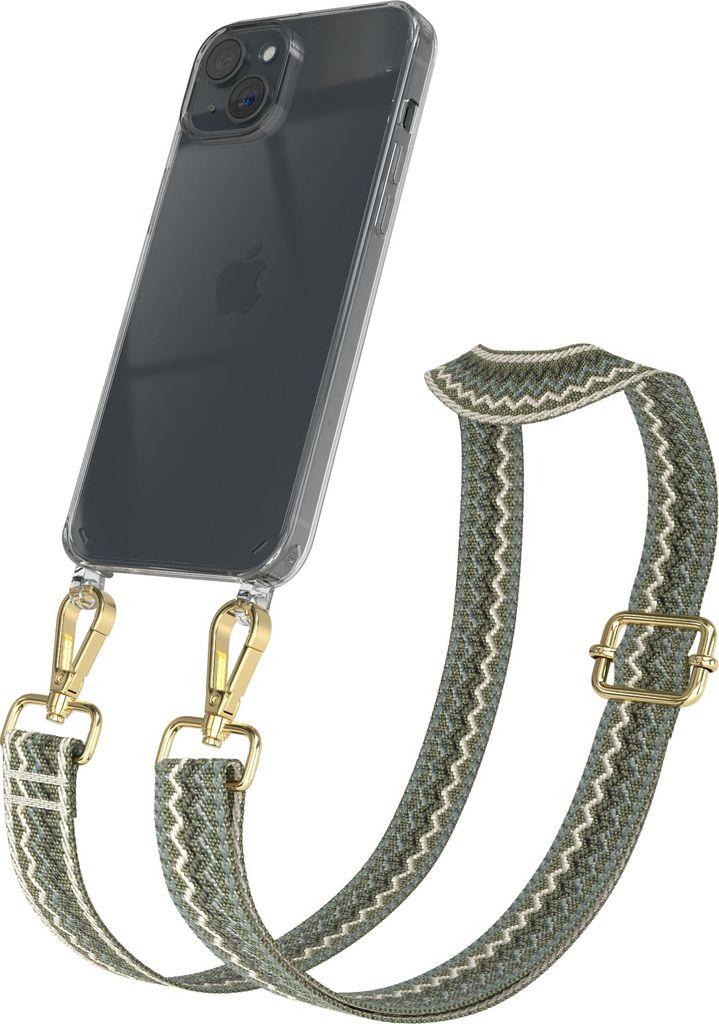 Apple iPhone 15 Plus Chain Eyelets Slim Neck Strap Set Wave Style 07 Green/Beige 04 Metall Gold