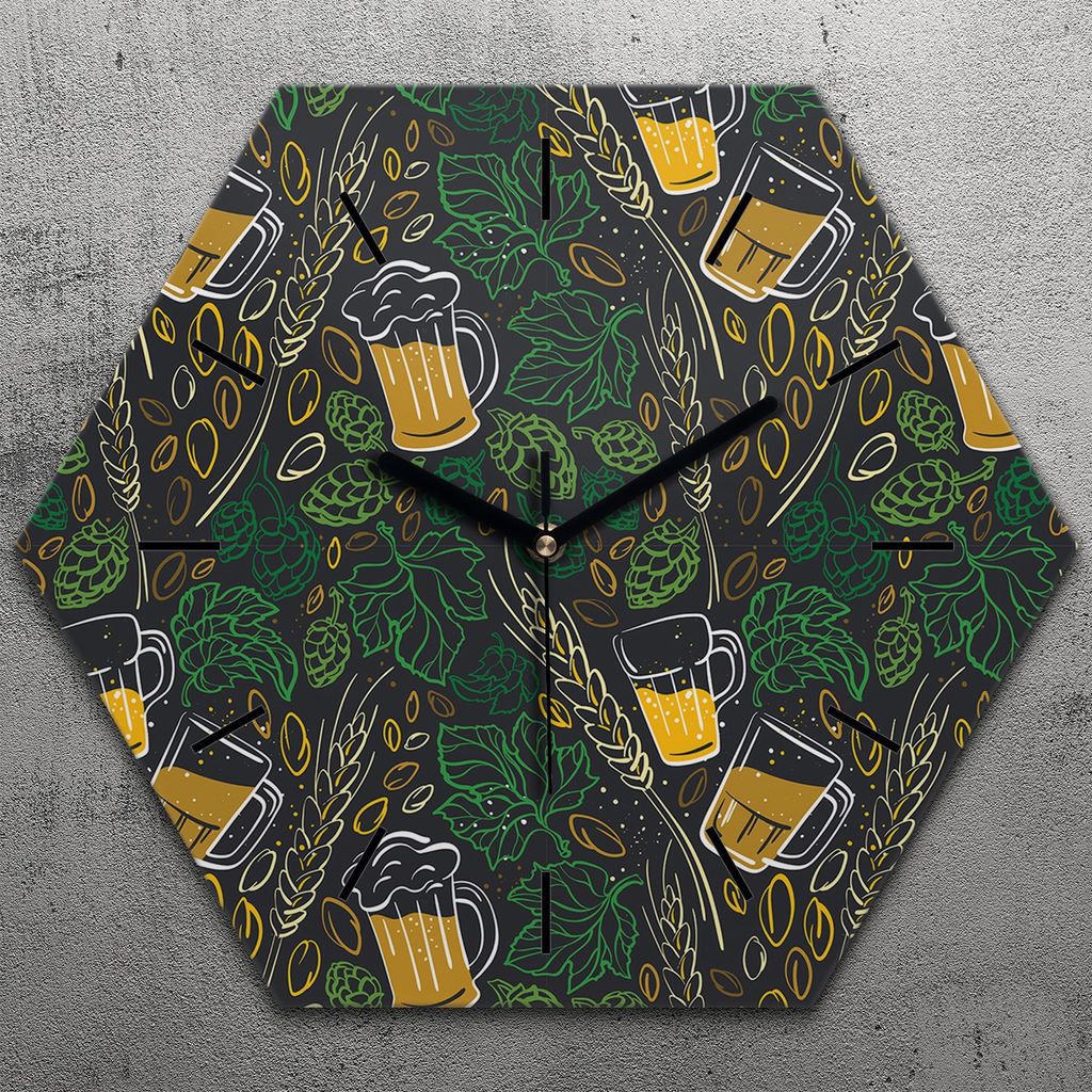 Uhr hexagonal 40 cm Glas Geräuschlos schwarze Zeiger - Bier Hopfen Becher