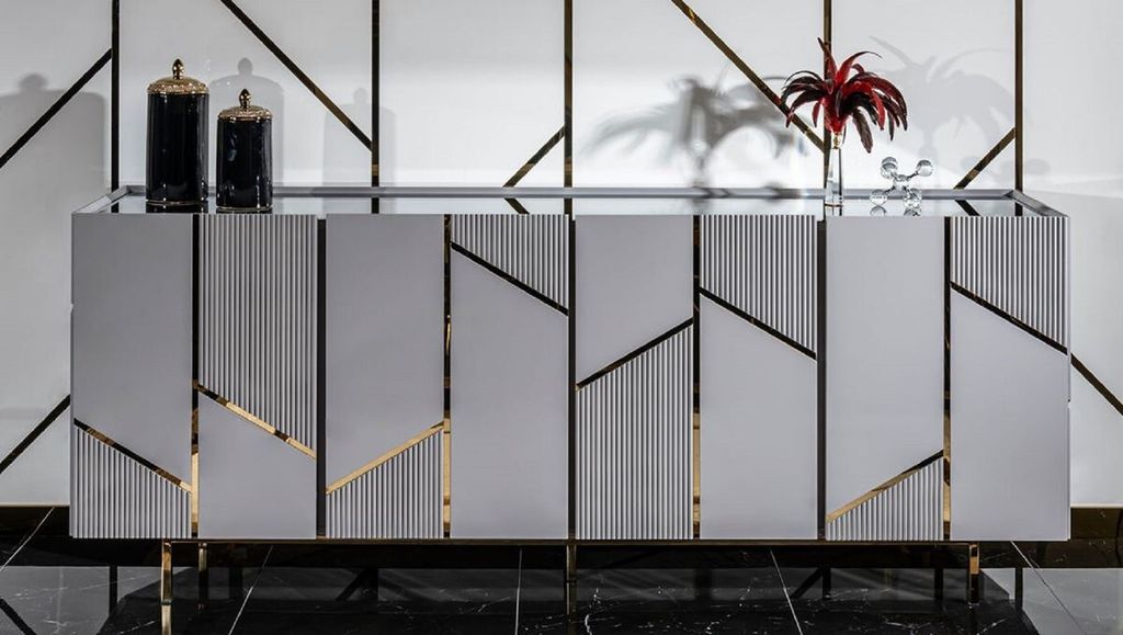 Casa Padrino Luxus Sideboard Grau / Gold 220 x 51 x H. 86 cm - Massivholz Schrank mit 4 Türen - Esszimmer Möbel - Wohnzimmer Möbel - Hotel Möbe...