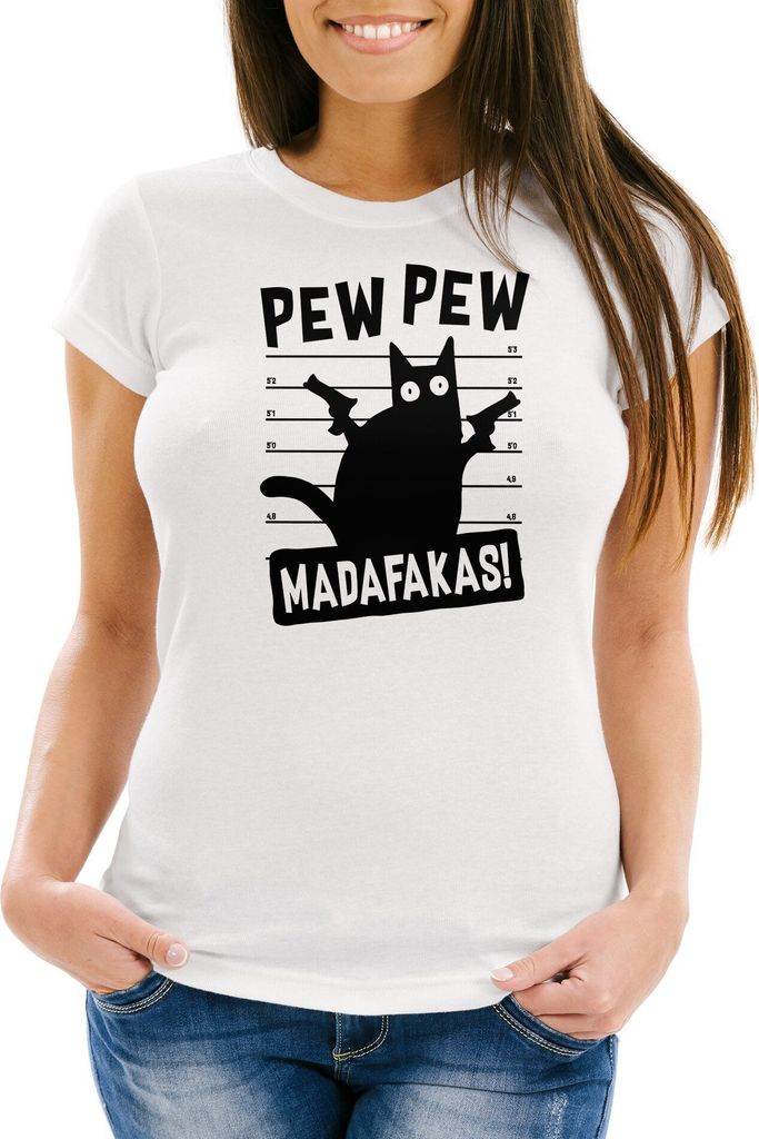 Damen T-Shirt Pew Pew Madafaka Katze Cat Most Wanted Meme Spruch Trend Slim Fit Moonworks weiß XL