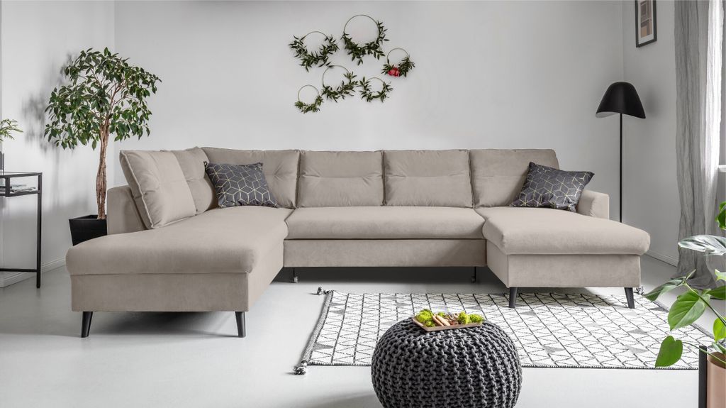 MIUFORM Stylish Stan - Ecksofa mit Bettfunktion und Bettkasten U-FORM LINKS - 300x198cm - Velours Dunkelbeige - Sofa Schlafsofa Couch