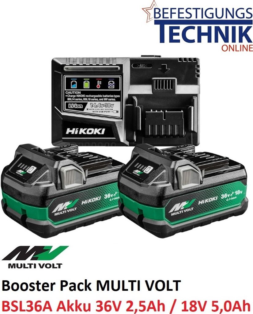 A product shot of a battery charger and two batteries, with marketing text overlay.