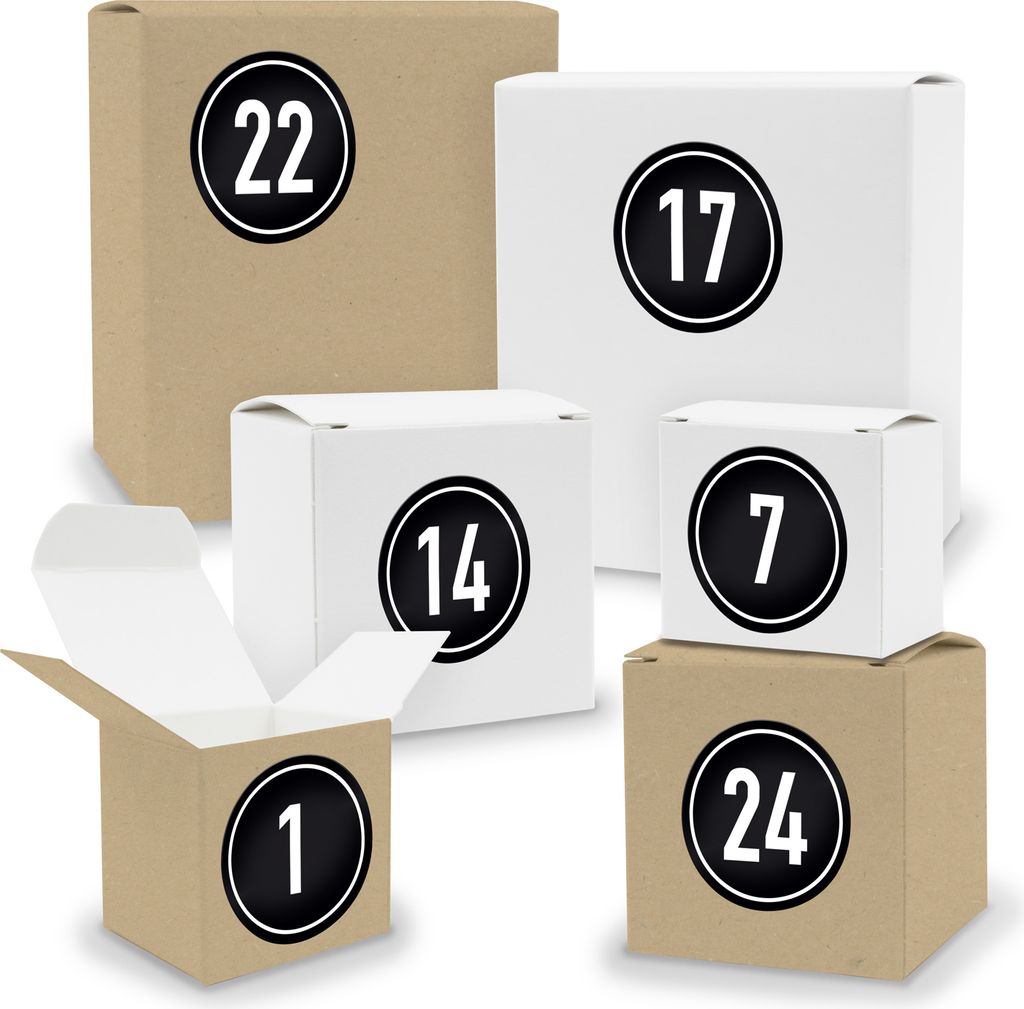 Adventskalender zum Füllen 24x Quader Würfel gemischt WEISS / BRAUN + Sticker (V03 Z08)