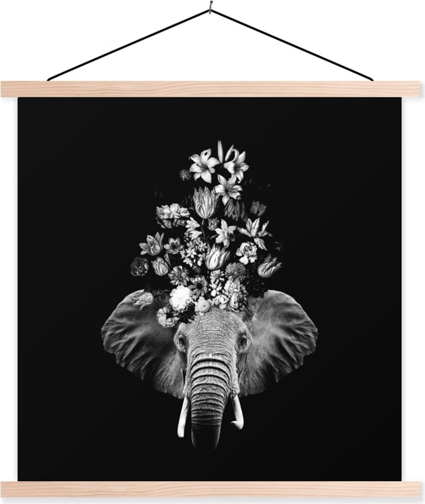 MuchoWow Textilposter Elefant - Blumen - Schwarz - Weiß 40x40 cm mit holzfarbenen Rahmen - Posterleiste
