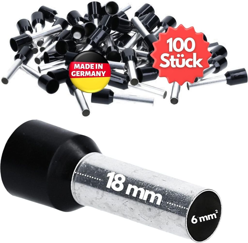 100 Stück Kalitec AE618SW Aderendhülsen isoliert 6,0mm² 18mm lang schwarz I Germany I Industriequalität