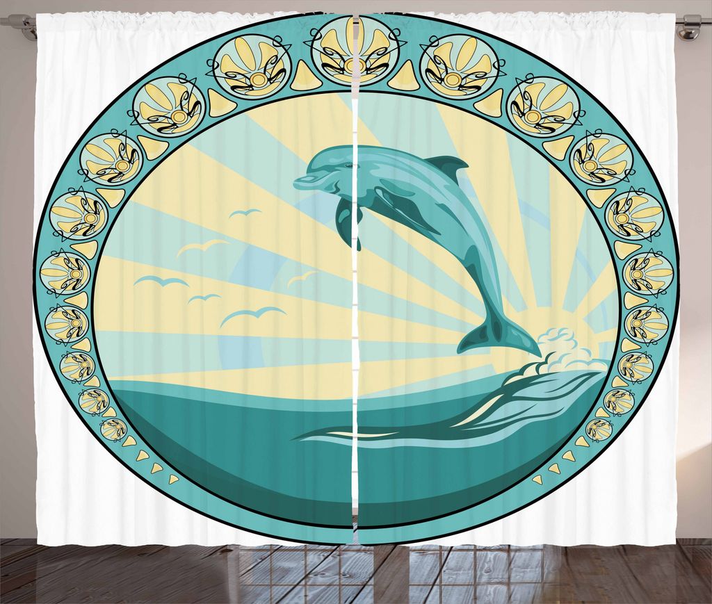 ABAKUHAUS Delphin Rustikaler Gardine, Säugetier, das heraus Meer springt, Schlafzimmer Kräuselband Vorhang mit Schlaufen und Haken, 280 x 225 cm,...